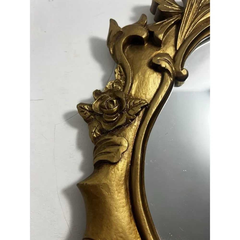 Vintage Gold Rococo Wall Mirror Ornate Floral Hollywood Regency Resin Oval 13x10